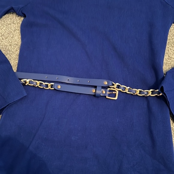 INC dark blue chic turtleneck sweater dress with gold chain belt size medium - Picture 2 of 5